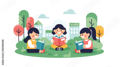 Kids sitting on grass reading books during outdoor class time. Perfect for education, creative learning, childhood development, and school nature activities.
