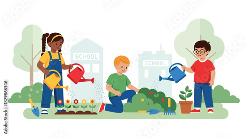 Children watering plants and learning outdoor gardening at school. Ideal for eco-learning, environmental education, nature curriculum, and hands-on activities.