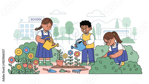 Children watering plants and learning outdoor gardening at school. Ideal for eco-learning, environmental education, nature curriculum, and hands-on activities.