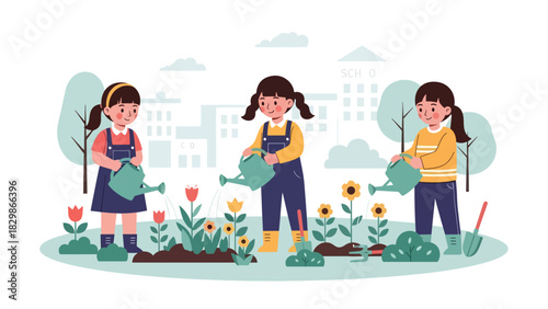 Children watering plants and learning outdoor gardening at school. Ideal for eco-learning, environmental education, nature curriculum, and hands-on activities.