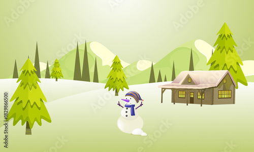 Charming Snowman Standing in a Snowy Winter Landscape with a Cozy Cabin and Pine Trees Under a Light Green Sky