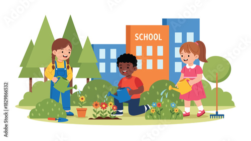 Children watering plants and learning outdoor gardening at school. Ideal for eco-learning, environmental education, nature curriculum, and hands-on activities.