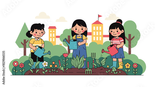 Children watering plants and learning outdoor gardening at school. Ideal for eco-learning, environmental education, nature curriculum, and hands-on activities.