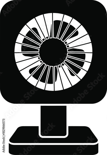 Modern electric desk fan with a square casing and visible blades silhouette