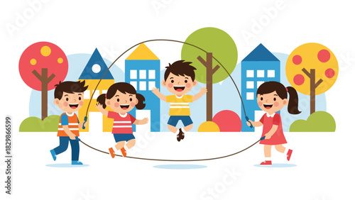 Cheerful kids jumping rope outside at school. Great for physical activity themes, energetic childhood play, fitness routine visuals, and healthy lifestyle concepts.