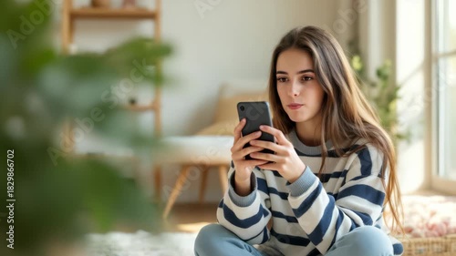 Young caucasian woman with long hair checking smartphone while sitting at home, blurred cozy background, concept of digital lifestyle and social media connectivity