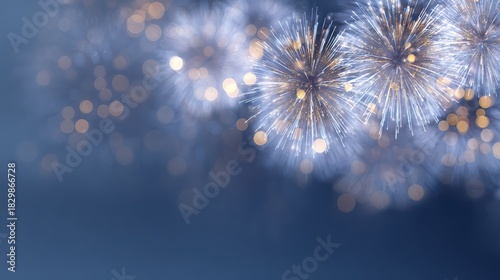 celebratory gold and blue fireworks with soft bokeh, abstract New Year holiday background, copy space