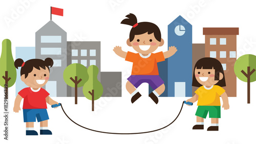 Cheerful kids jumping rope outside at school. Great for physical activity themes, energetic childhood play, fitness routine visuals, and healthy lifestyle concepts.