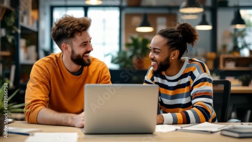 Two young men, one afro american and one caucasian, smiling and talking over laptop in bright modern office, friendly teamwork and collaboration atmosphere