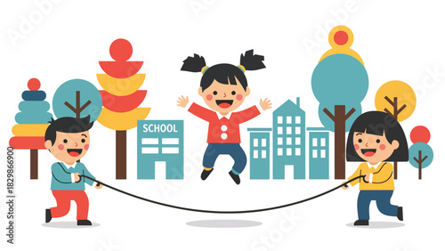 Cheerful kids jumping rope outside at school. Great for physical activity themes, energetic childhood play, fitness routine visuals, and healthy lifestyle concepts.
