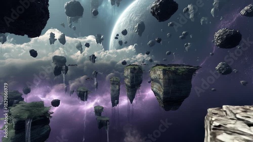 Massive floating asteroids drift above a purple and blue nebula with a large planet in the background, surreal cosmic landscape concept