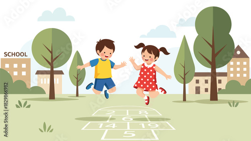 Kids playing hopscotch during school recess outdoors. Ideal for playful learning, childhood motor development, schoolyard games, and active learning visuals.