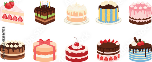 Mega Assortment of Decorative Cakes and Desserts Vector Set Featuring Birthday, Chocolate, Strawberry, Red Velvet, and Layered Sweet Treats Illustration.
