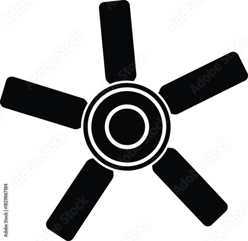 Simple black silhouette of a five blade ceiling fan on a white background