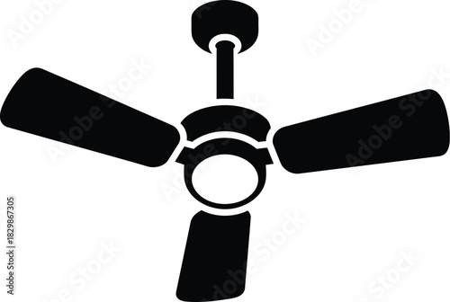 Simple black silhouette of a three blade ceiling fan on a white background