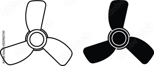 Two stylized fan blades one outlined and one solid black silhouette