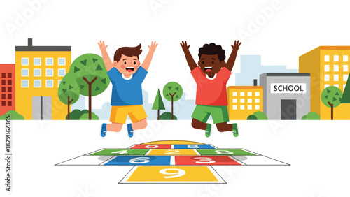 Kids playing hopscotch during school recess outdoors. Ideal for playful learning, childhood motor development, schoolyard games, and active learning visuals.