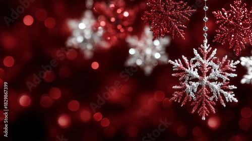 Hanging snowflakes shimmer in red and silver tones against a soft blurred festive background. Offers a cheerful holiday vibe, ideal for decorations, event planning, and retail marketing