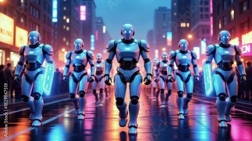 Group of humanoid robots marching through neon city streets at night, blurred skyscrapers in background, high-tech futuristic concept of artificial intelligence society