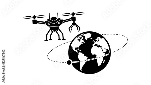 Drone with robotic arm near planet earth isolated on white background