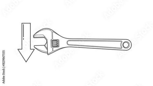 Adjustable wrench and downward arrow isolated on white background