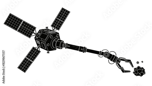 Space exploration satellite with robotic arm collecting asteroid samples isolated on white background