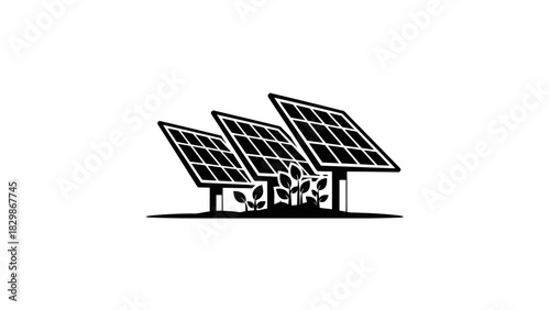 Three solar panels with green plants isolated on white background