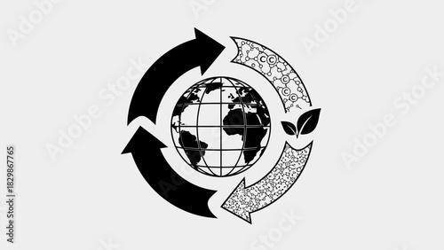 Global recycling and sustainability cycle with earth and leaves isolated on white background