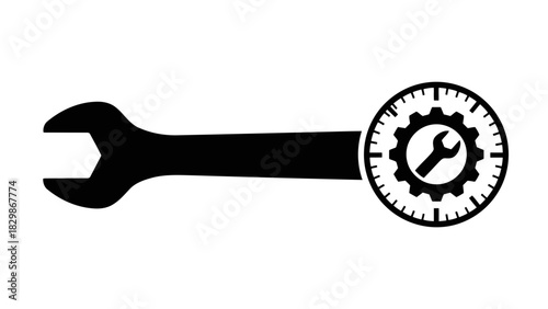 Wrench and gear icon with time markings isolated on white background