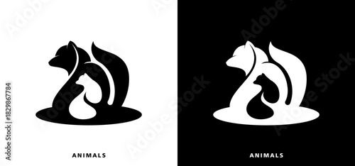 Weasel logo black and white stylized design with two foxes cleverly incorporating a hidden weasel.