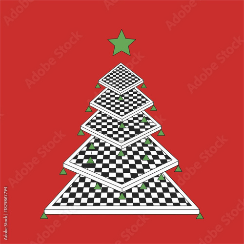 Creative Christmas Tree Made from Stacked Chessboards Illustration.