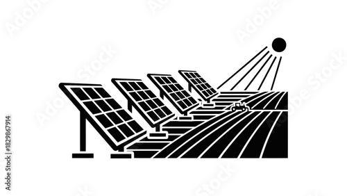 Solar panels powering agriculture with tractor on white background isolated on white background