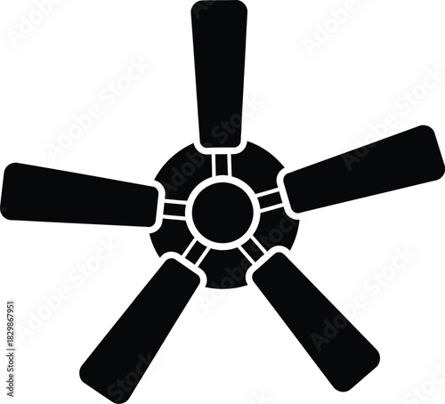 A simple black silhouette of a five bladed ceiling fan on a white background