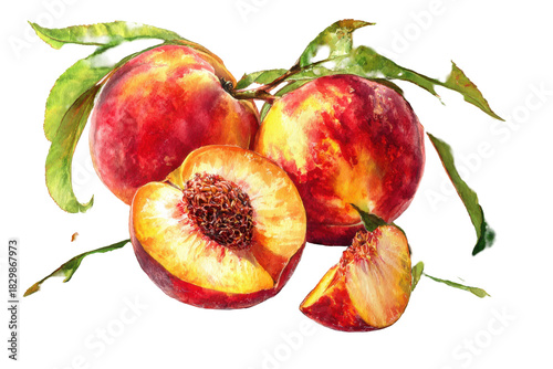 Watercolor painting of a fresh peach and a halved peach with leaves isolated on transparent background. Fresh ripe peaches and a leaf isolated on white background.