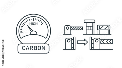 Carbon meter and barrier gate icons isolated on white background