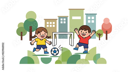 Kids playing soccer during outdoor school recess. Ideal for sports education, teamwork development, movement learning, and active childhood activities.