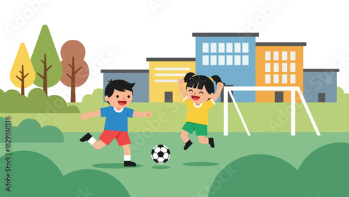 Kids playing soccer during outdoor school recess. Ideal for sports education, teamwork development, movement learning, and active childhood activities.