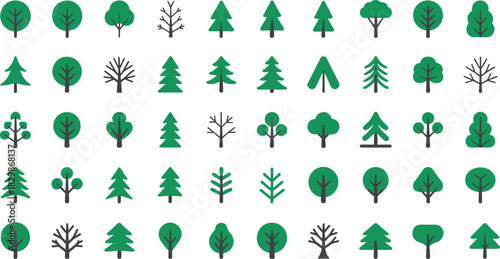 Big set of simple flat tree icons featuring pine and deciduous shapes for map vector design.