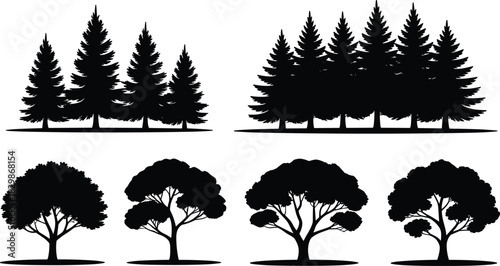 Set of black forest silhouettes featuring pine tree groups and deciduous broadleaf trees isolated on white background for landscape design.