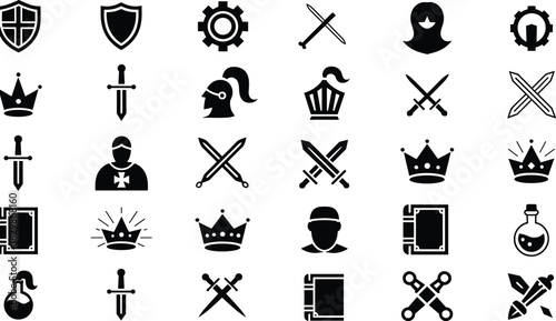 Set of black fantasy game icons featuring sword shield helmet crown and potion isolated on white background.