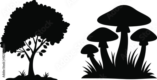 Set of black nature silhouettes featuring a deciduous tree and wild forest mushrooms isolated on white background for vector design.
