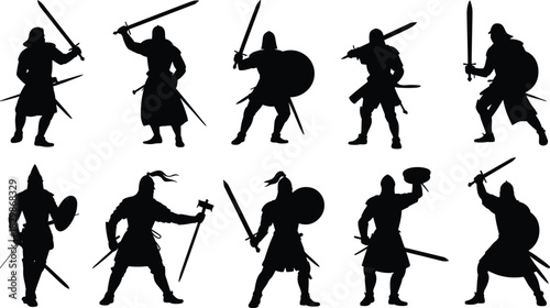 Set of black silhouettes of medieval knights with swords and shields isolated on white background for vector design.