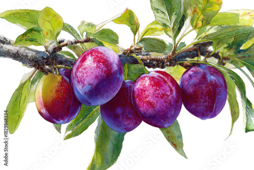 Ripe plums hanging on a branch with leaves isolated on transparent background. Ripe plums hang on branch with green leaves isolated on white background.