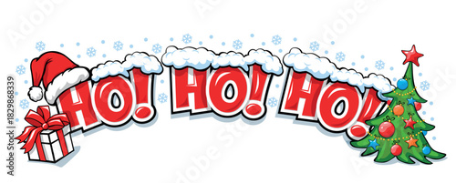 Laugh of Santa Claus "Ho Ho Ho!" Header design element with Santa hat, christmas tree, gift box and copy space for you text. Vector Christmas card template on transparent background.