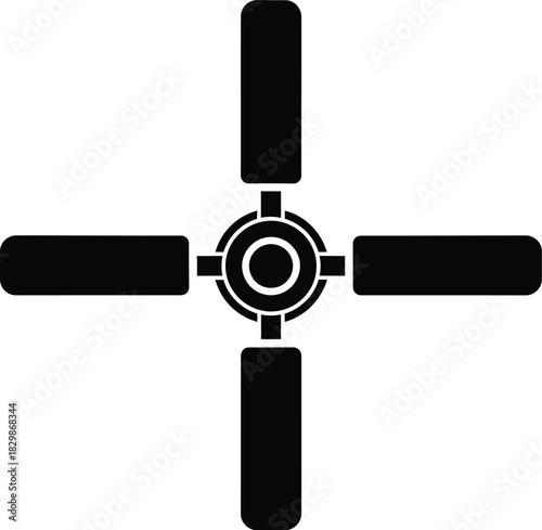 Simple black silhouette of a ceiling fan with four blades on a white background