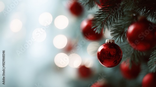 holiday-themed close-up of Christmas tree, red baubles, blurred lights, copy space for festive design