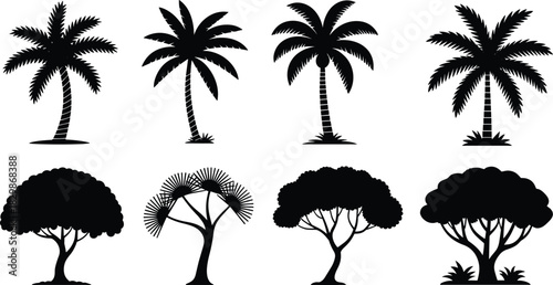 Set of black tree silhouettes featuring tropical palms and deciduous forest trees isolated on white background for landscape design vector illustration.