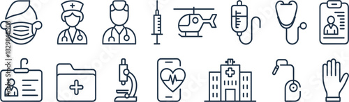 Healthcare, Medical Professionals, and Emergency Services Vector Icon Set: Doctor, Hospital, Stethoscope, Digital Health, Outline Signs, Editable Stroke