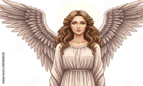 Elegant celestial angel with flowing hair, radiant halo, and detailed wings symbolizing purity, protection, spiritual strength, and divine grace