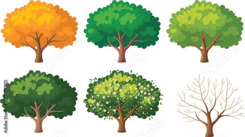 Set of colorful seasonal trees featuring autumn spring flowering and winter bare branches isolated on white background for landscape design.